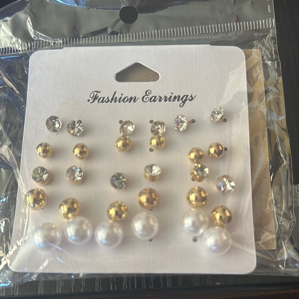 Gold and White Earrings Set with Stud Designs